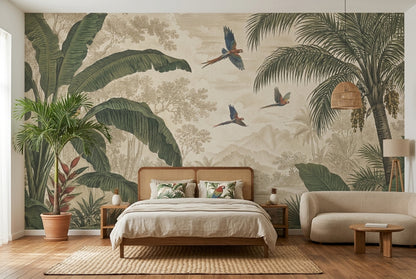 Parrots And Banana Leaves Wallpaper Vintage Jungle Wall Mural