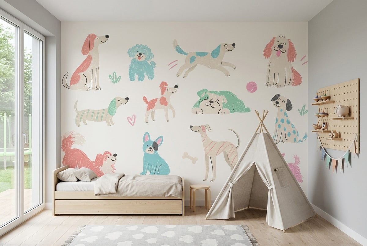 Playful Puppies Wallpaper Pastel Illustrated Wall Mural