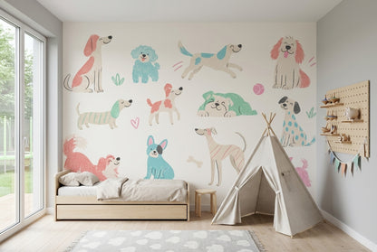 Playful Puppies Wallpaper Pastel Illustrated Wall Mural