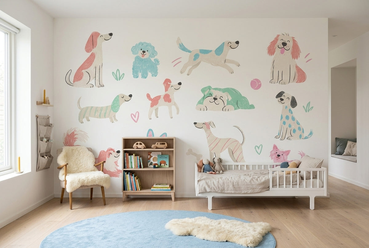 Playful Puppies Wallpaper Pastel Illustrated Wall Mural