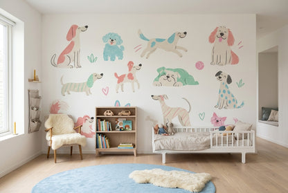 Playful Puppies Wallpaper Pastel Illustrated Wall Mural