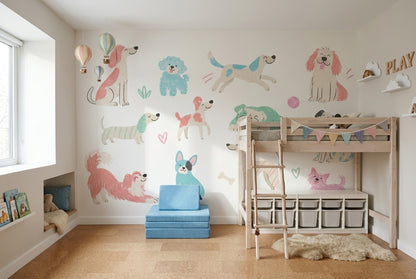 Playful Puppies Wallpaper Pastel Illustrated Wall Mural
