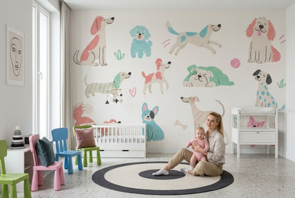 Playful Puppies Wallpaper Pastel Illustrated Wall Mural