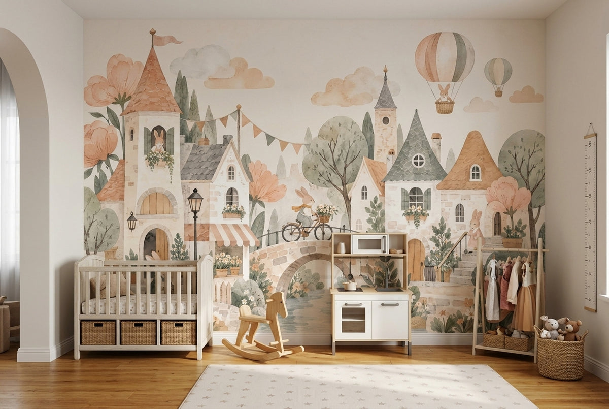 Storybook Village Rabbits Wallpaper Watercolor French Country Wall Mural