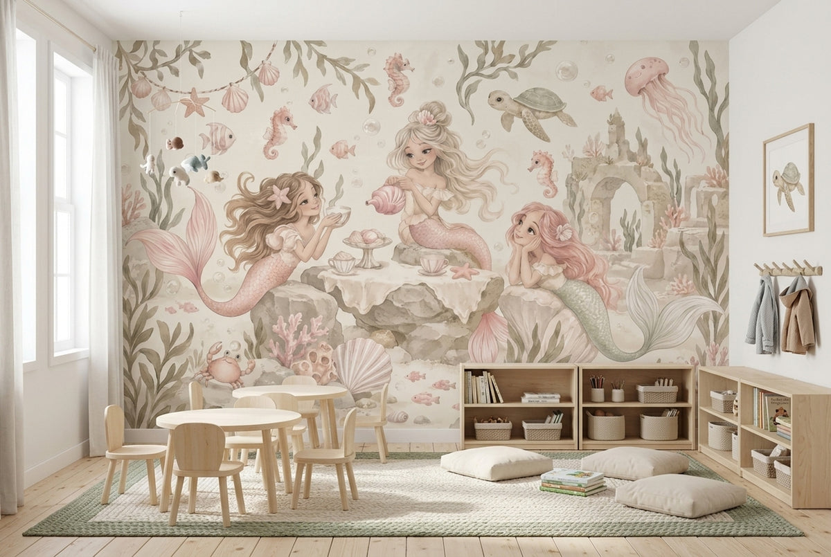 Mermaid Underwater Tea Party Wallpaper Watercolor Coastal Wall Mural