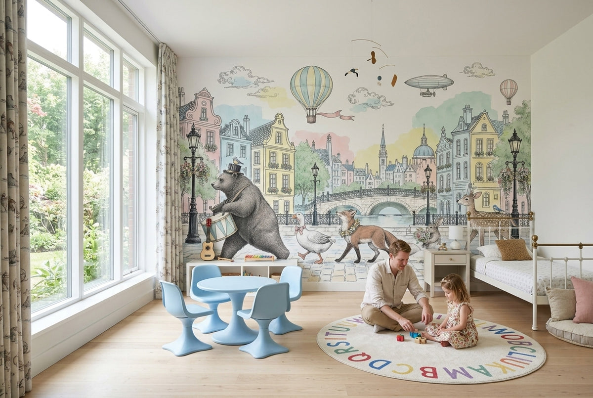 European Canal Cityscape Wallpaper Storybook Animals Wall Mural