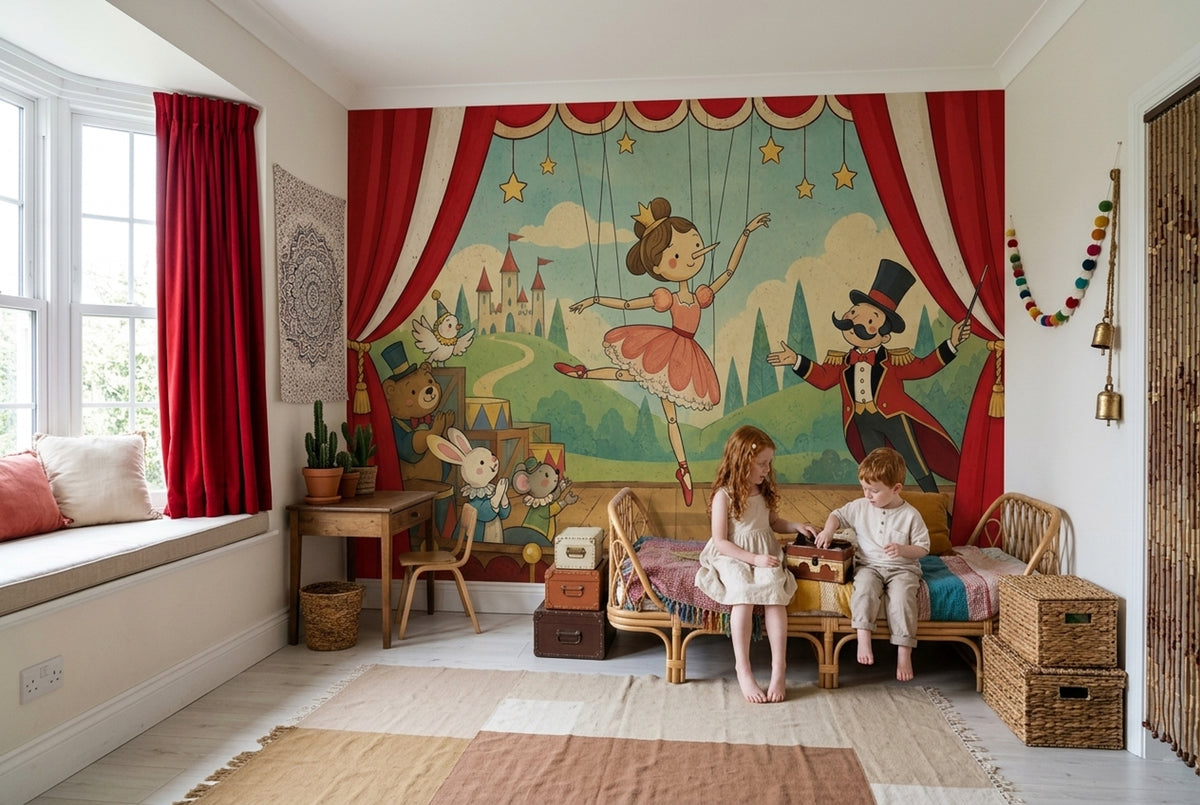 Puppet Ballerina Theater Wallpaper Vintage Storybook Wall Mural