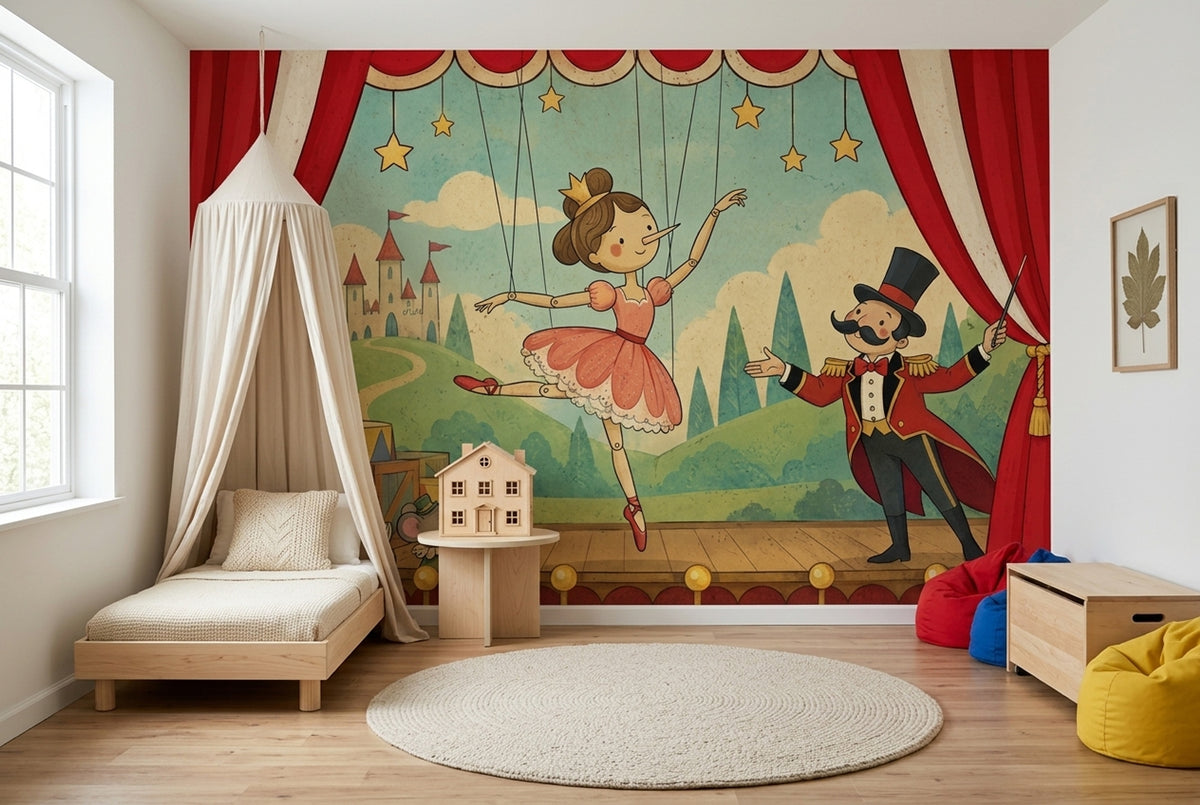 Puppet Ballerina Theater Wallpaper Vintage Storybook Wall Mural