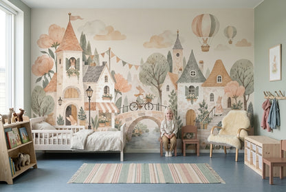 Storybook Village Rabbits Wallpaper Watercolor French Country Wall Mural