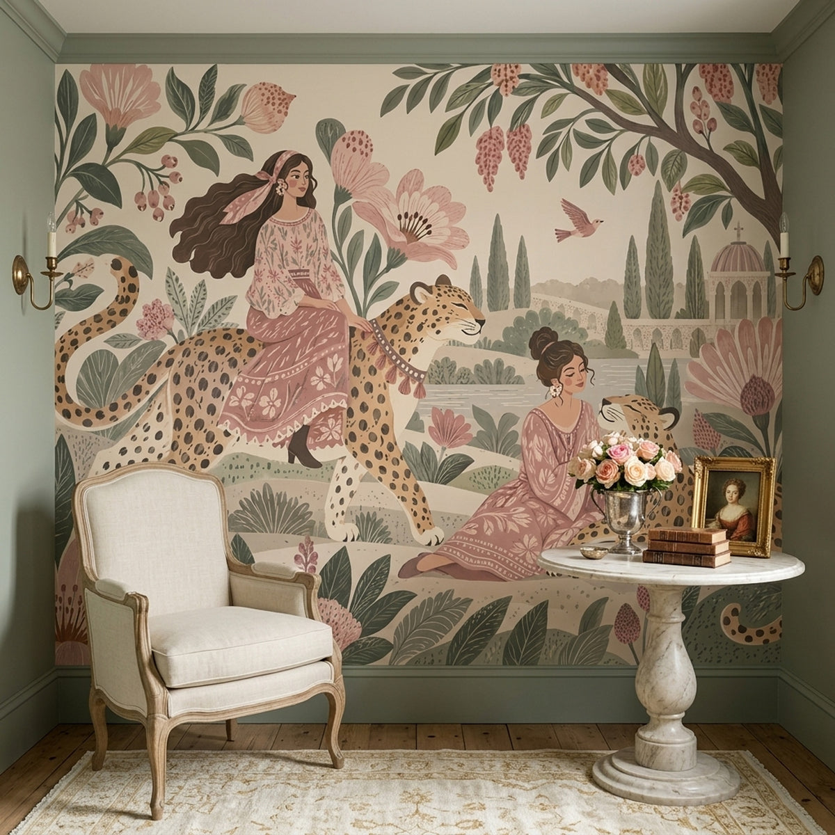 Cheetah Garden Women Wallpaper Soft Vintage Wall Mural