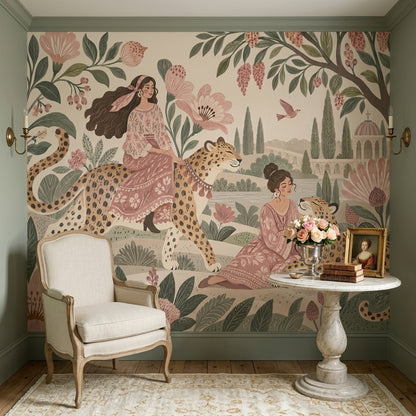 Cheetah Garden Women Wallpaper Soft Vintage Wall Mural