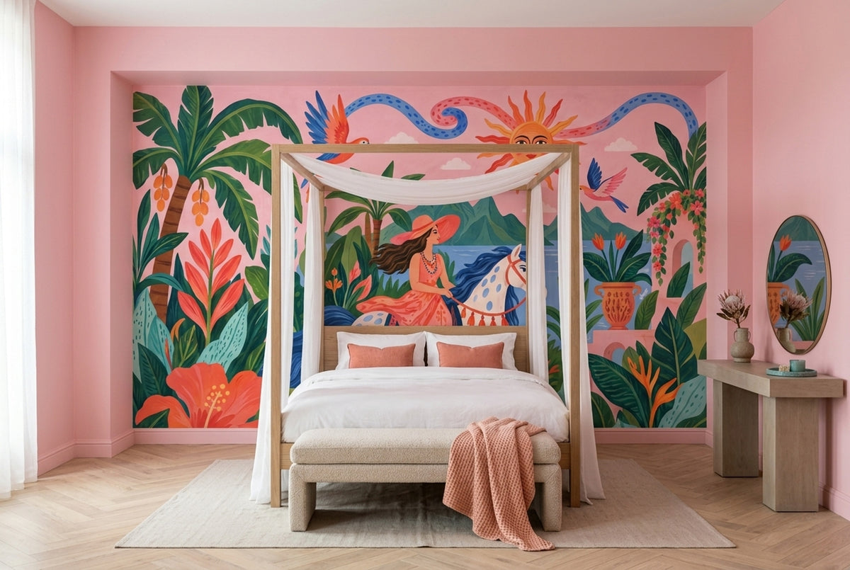 Woman On Horse Tropical Landscape Wallpaper Pink Sky Wall Mural