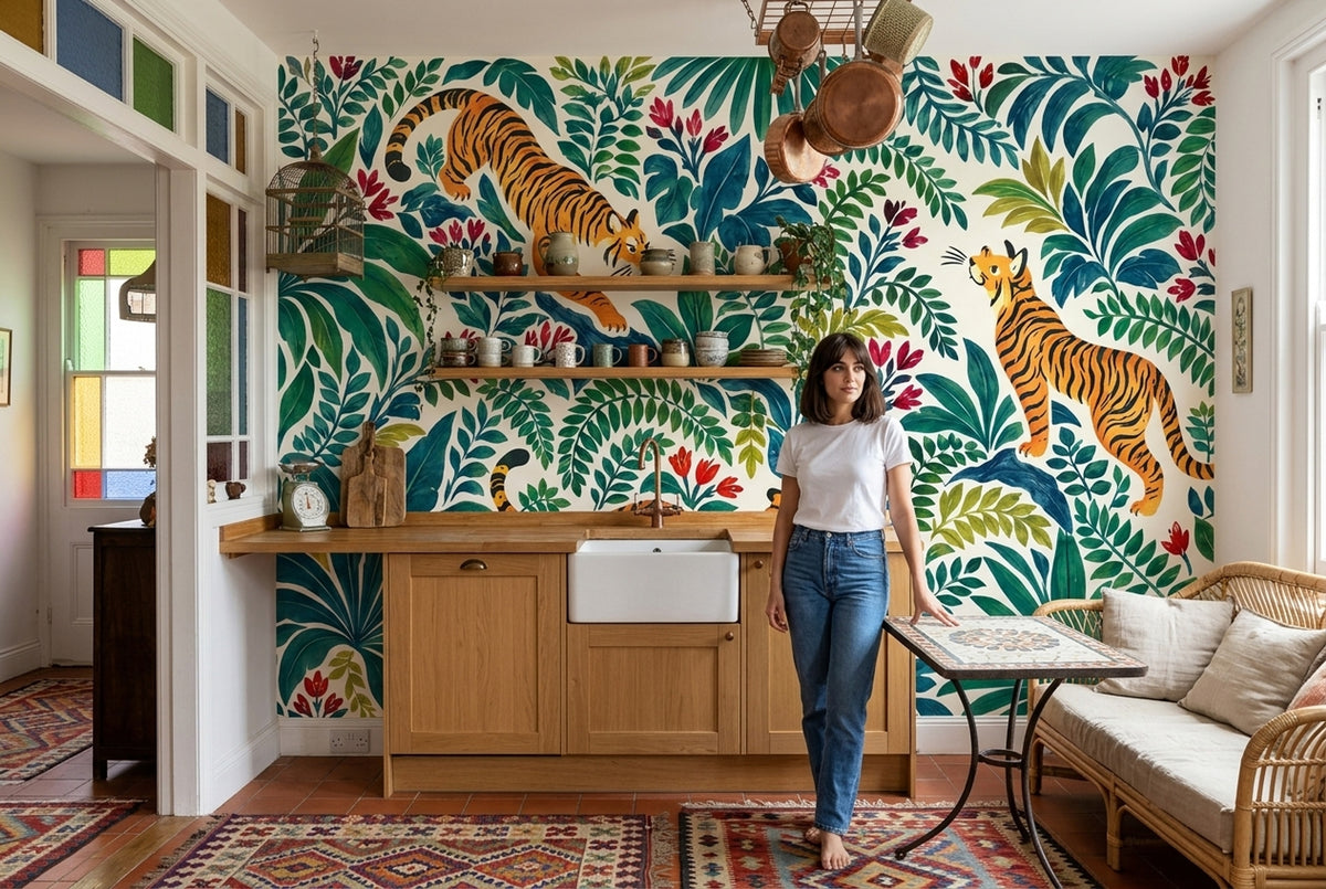 Tiger Jungle Wallpaper Watercolor Tropical Wall Mural