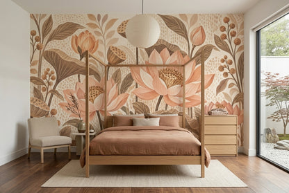 Watercolor Lotus Wallpaper Earth Tone Botanical Wall Mural