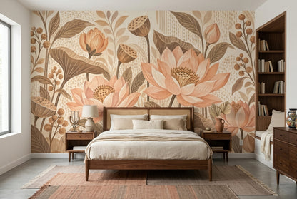 Watercolor Lotus Wallpaper Earth Tone Botanical Wall Mural