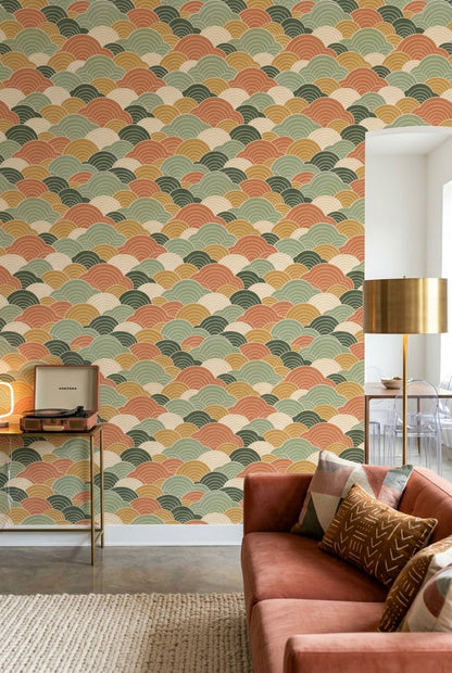 Geometric Arcs Wallpaper Sage Green Terracotta Mustard