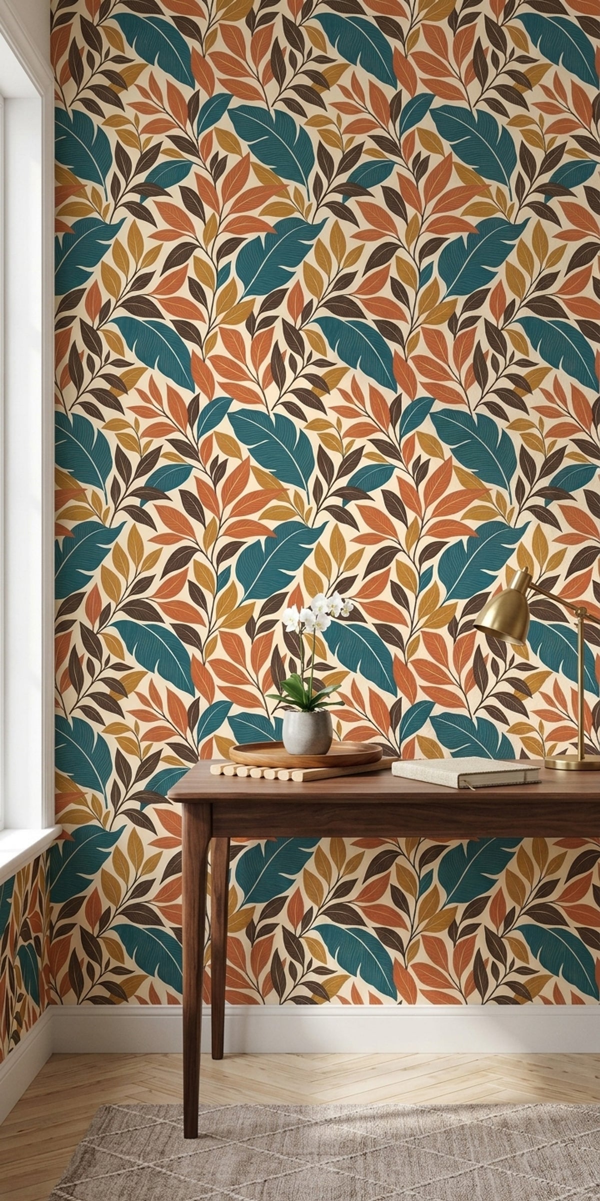 Tropical Leaf Wallpaper Teal And Orange Foliage On Cream