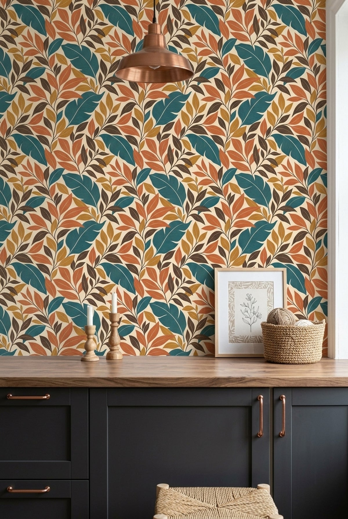 Tropical Leaf Wallpaper Teal And Orange Foliage On Cream