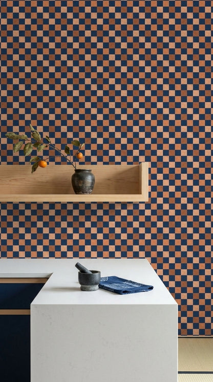 Checkerboard Wallpaper Navy And Terracotta Distressed Texture