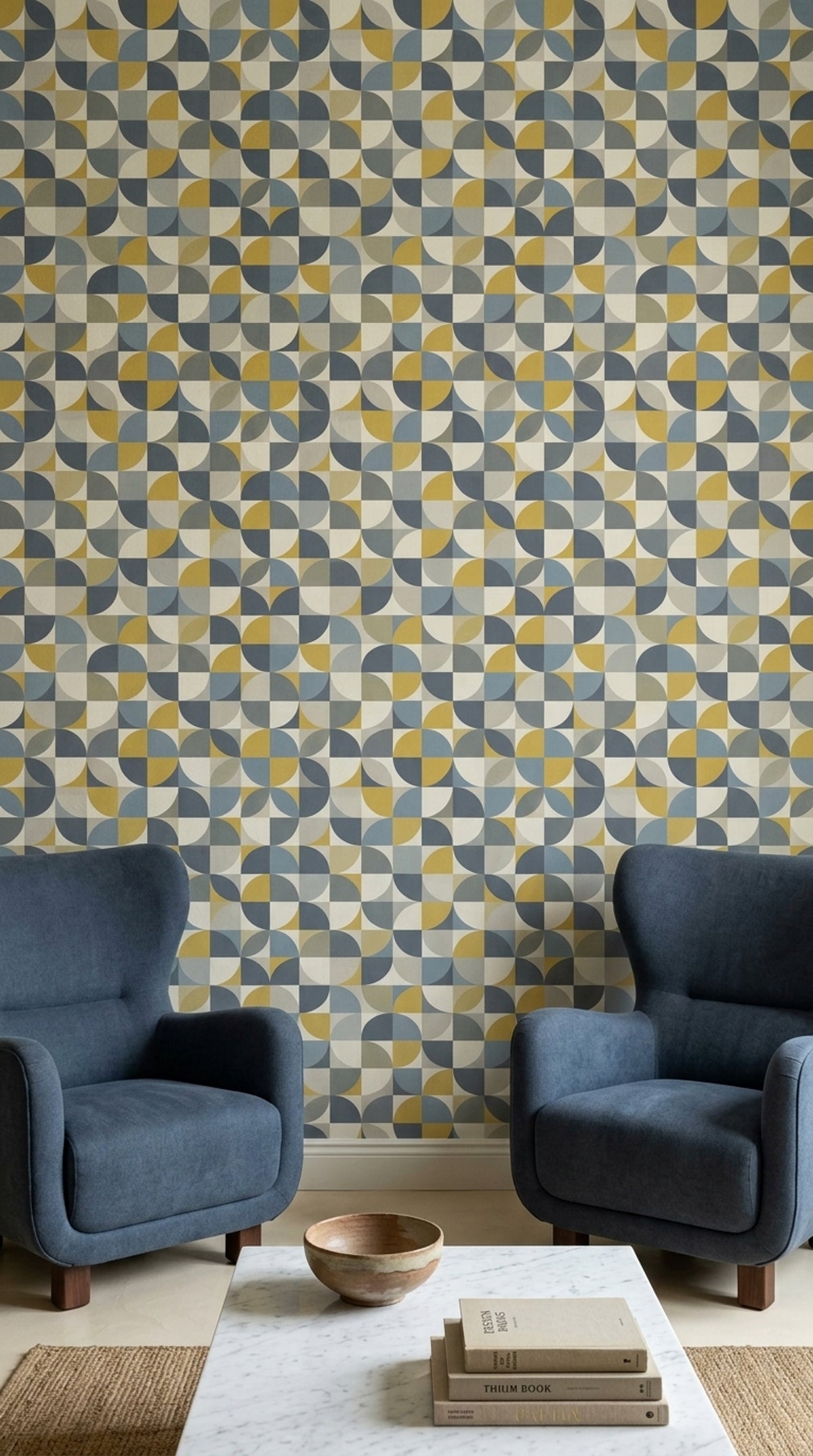 Geometric Grid Wallpaper Mid Century Modern Circles In Mustard Blue