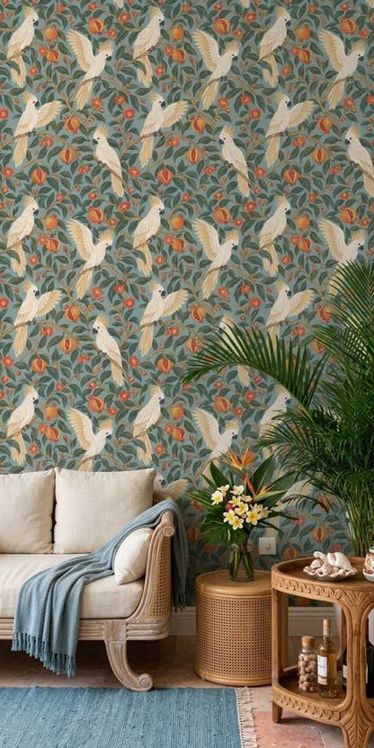 Cockatoo Wallpaper Pomegranate Branch Pattern