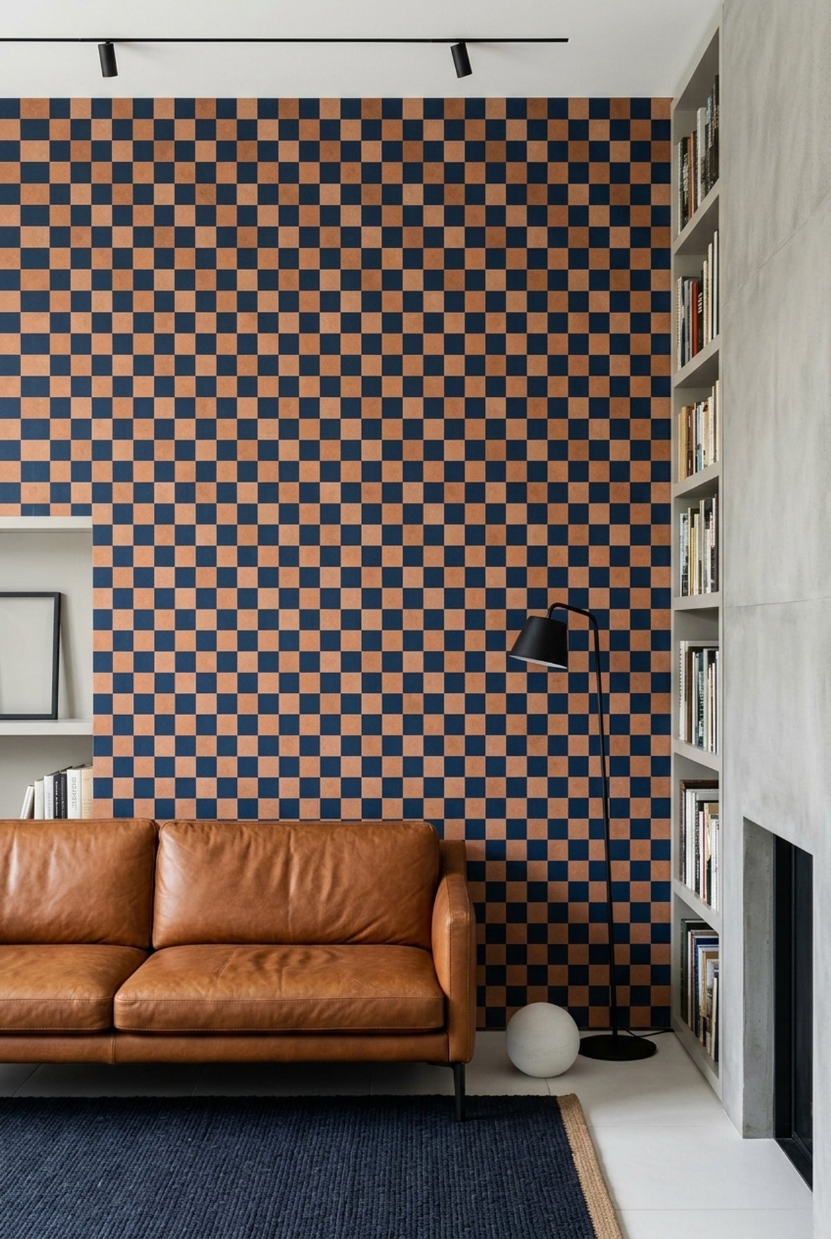 Checkerboard Wallpaper Navy And Terracotta Distressed Texture