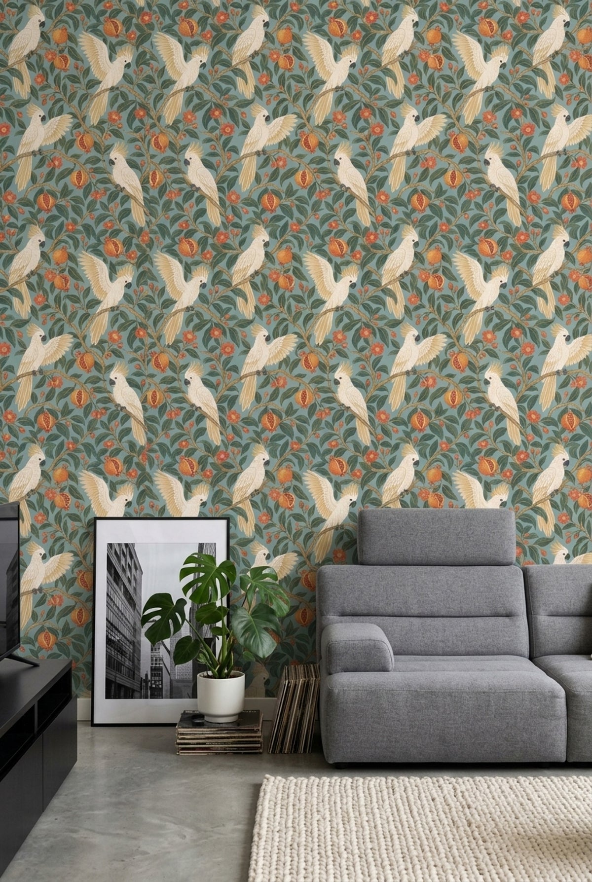 Cockatoo Wallpaper Pomegranate Branch Pattern