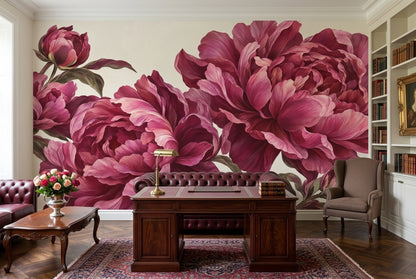 Large Peony Wallpaper Muted Green Leaves Wall Mural