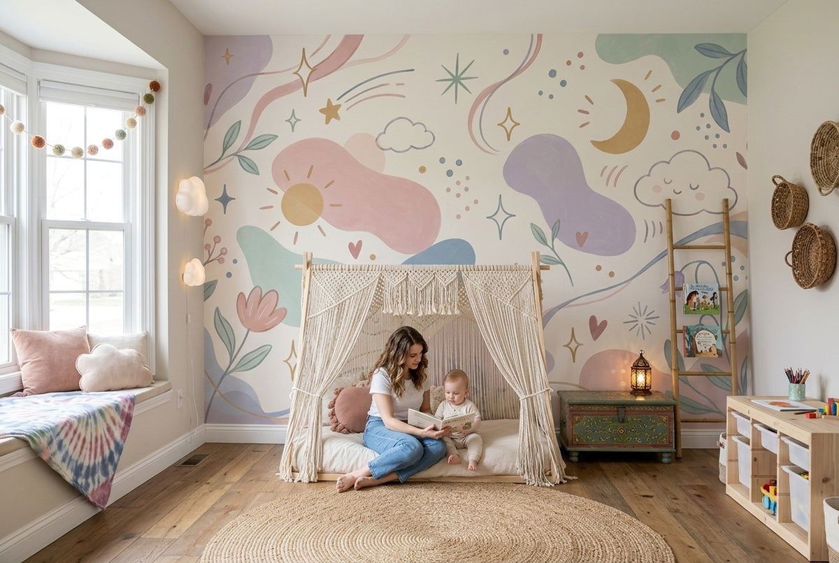 Celestial Clouds And Moon Wallpaper Pastel Kids Wall Mural