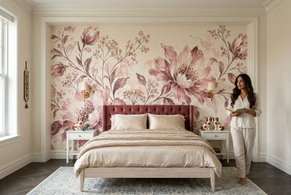 Watercolor Peony Blossoms Wallpaper Cream Botanical Wall Mural
