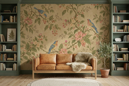 Chinoiserie Birds And Blossom Branches Wallpaper Vintage Botanical Wall Mural