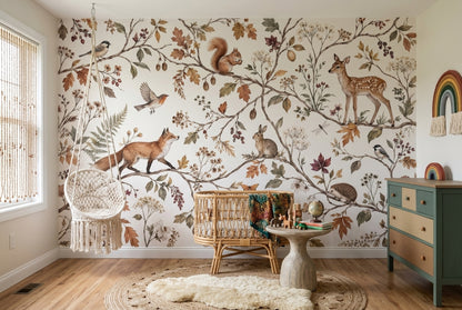 Woodland Animals Wallpaper Muted Green Botanical Wall Mural