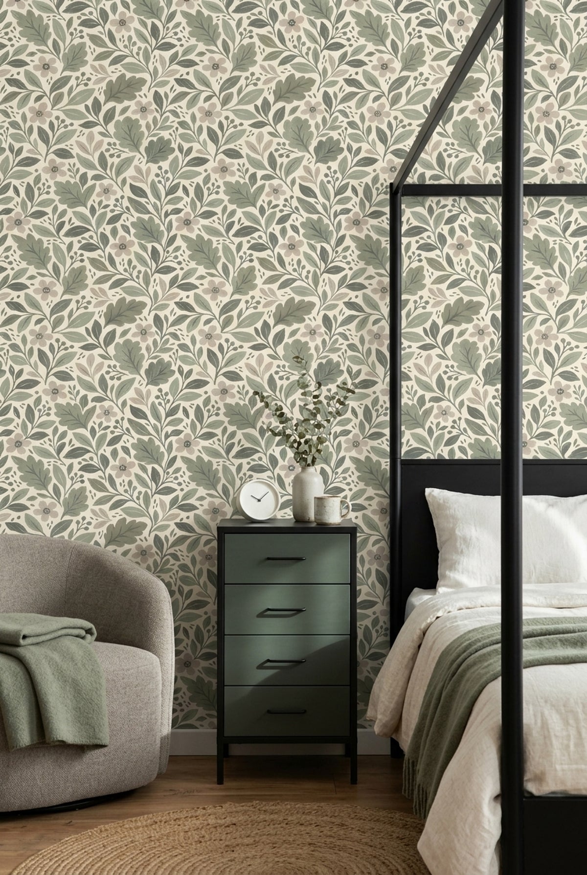 Botanical Branches Wallpaper Sage Green Leaves On Ivory Background