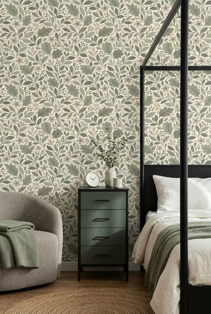 Botanical Branches Wallpaper Sage Green Leaves On Ivory Background