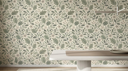 Botanical Branches Wallpaper Sage Green Leaves On Ivory Background