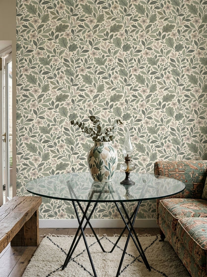 Botanical Branches Wallpaper Sage Green Leaves On Ivory Background