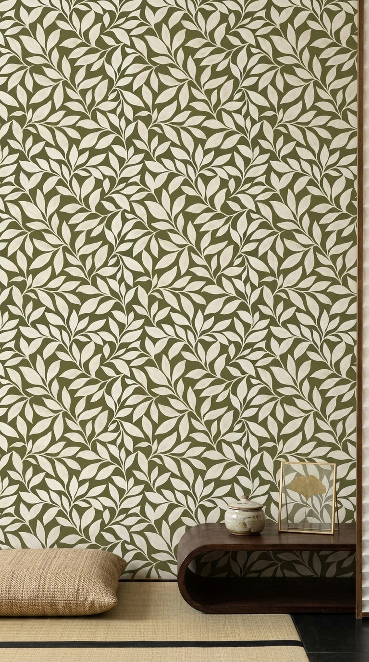 Leafy Vines Wallpaper Olive Green Background