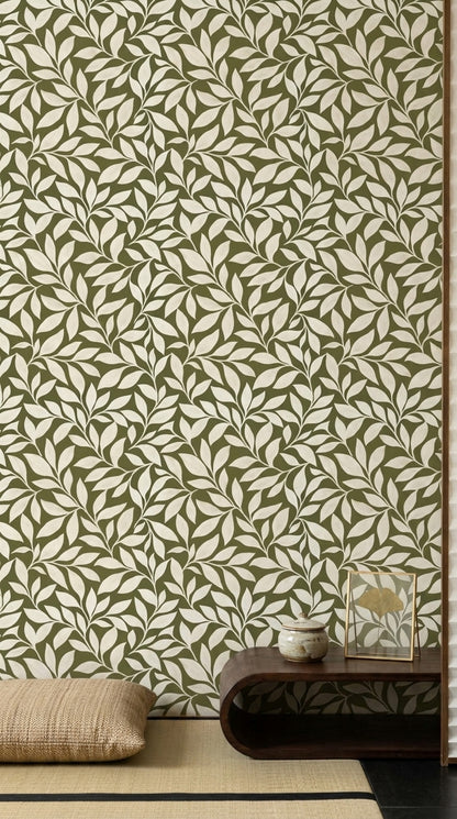 Leafy Vines Wallpaper Olive Green Background