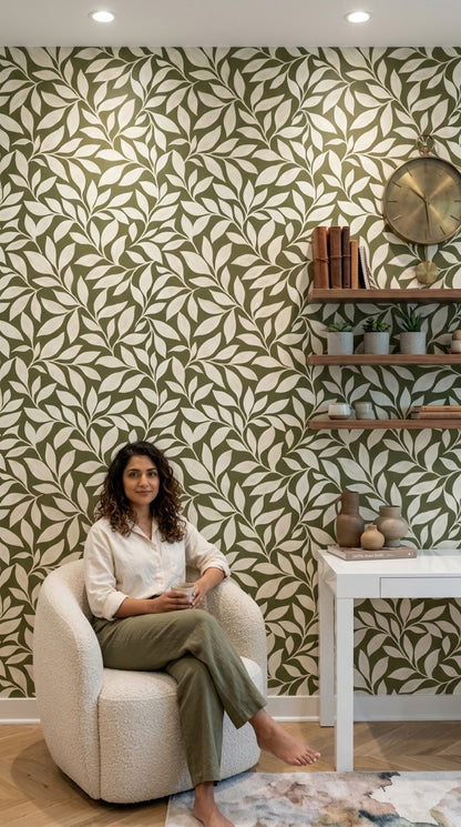 Leafy Vines Wallpaper Olive Green Background