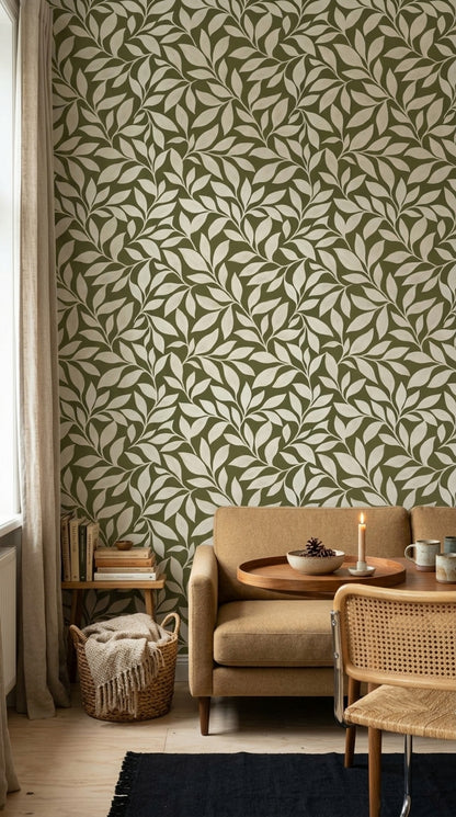 Leafy Vines Wallpaper Olive Green Background