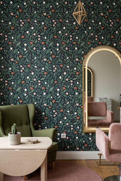 Stylized Floral Wallpaper Muted Green Dark