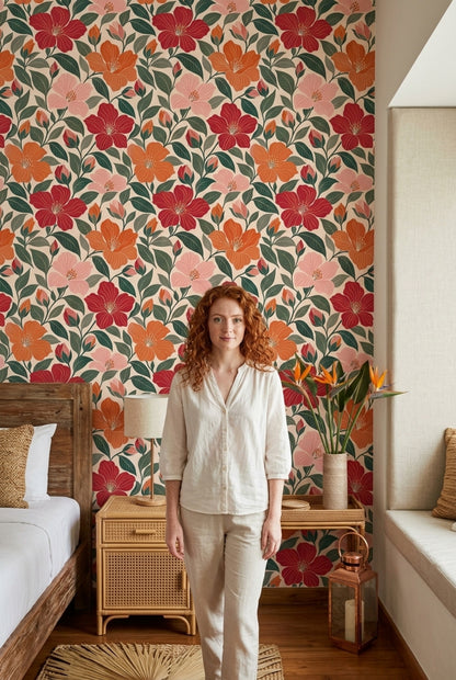 Hibiscus Wallpaper Large Tropical Flowers On Cream