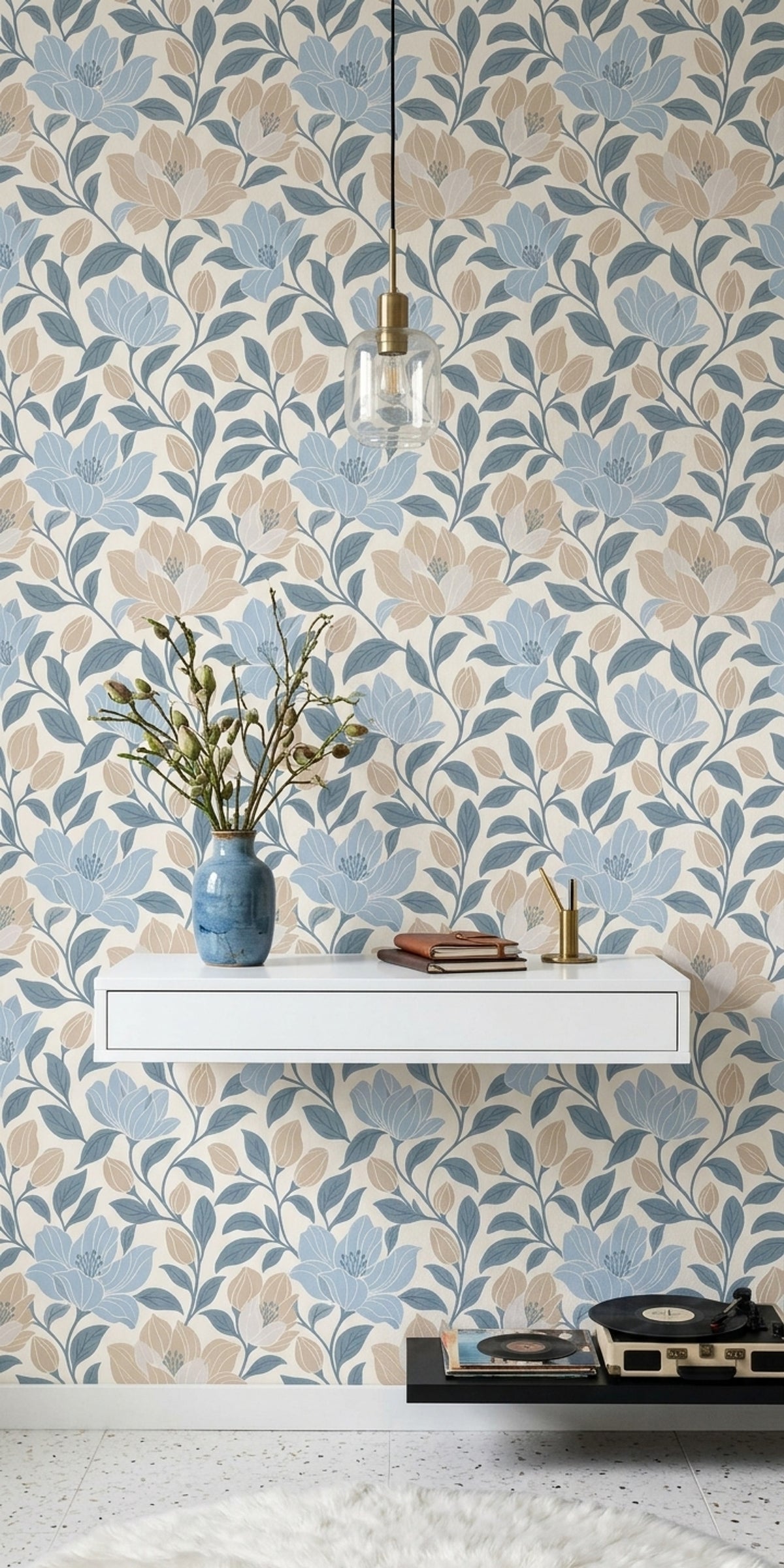 Large Floral Wallpaper Blue Leaves Cream Background