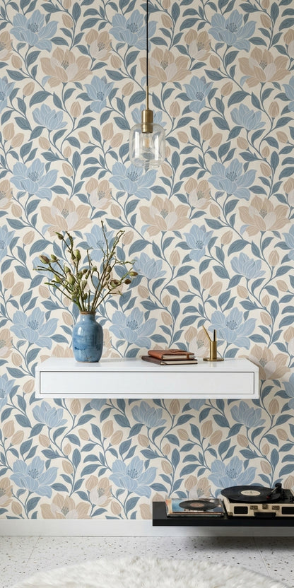 Large Floral Wallpaper Blue Leaves Cream Background