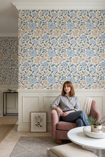 Large Floral Wallpaper Blue Leaves Cream Background
