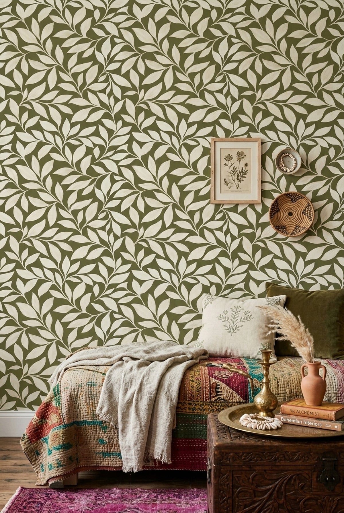 Leafy Vines Wallpaper Olive Green Background