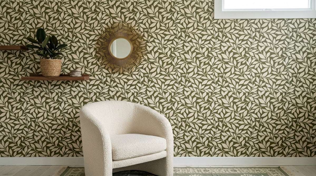 Leafy Vines Wallpaper Olive Green Background
