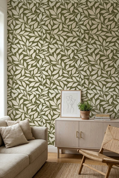 Leafy Vines Wallpaper Olive Green Background