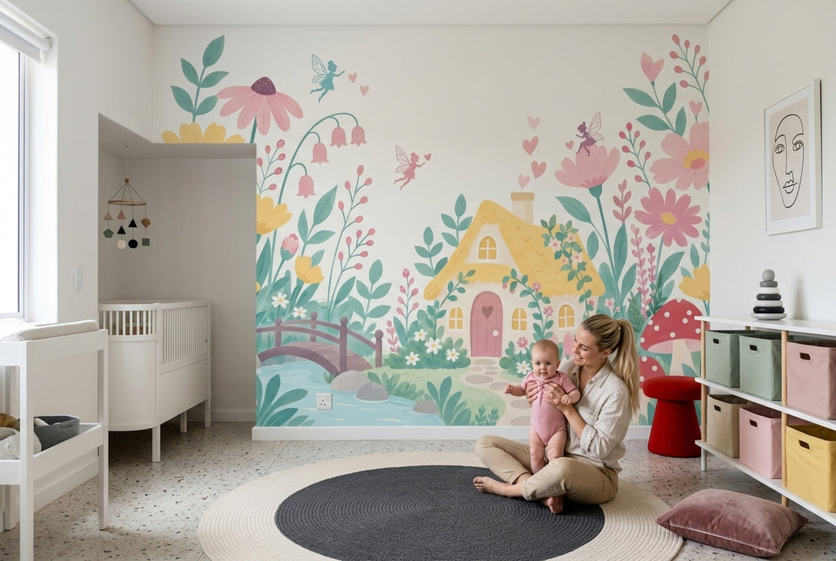 Fairy Garden Cottage Wallpaper Pastel Floral Wall Mural