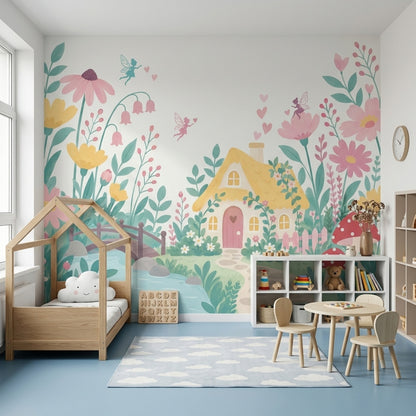Fairy Garden Cottage Wallpaper Pastel Floral Wall Mural
